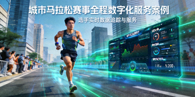 城市马拉松赛事全程数字化服务案例 - 选手跑步与数据屏幕